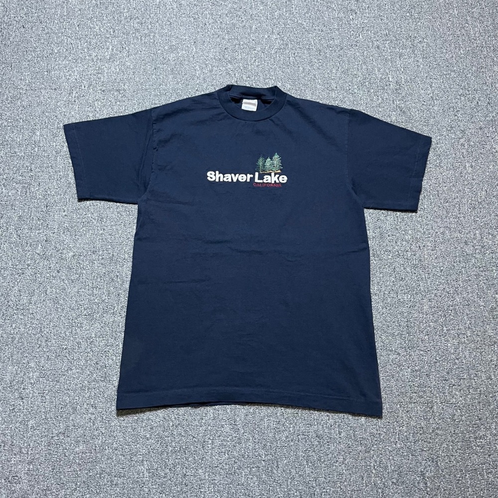 Vintage American Activewear Shaver Lake‎ T-Shirt Medium Navy Embroidered 90s